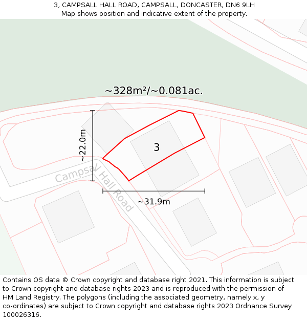 3, CAMPSALL HALL ROAD, CAMPSALL, DONCASTER, DN6 9LH: Plot and title map