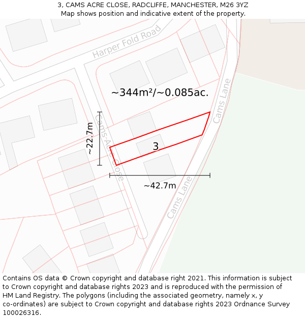 3, CAMS ACRE CLOSE, RADCLIFFE, MANCHESTER, M26 3YZ: Plot and title map