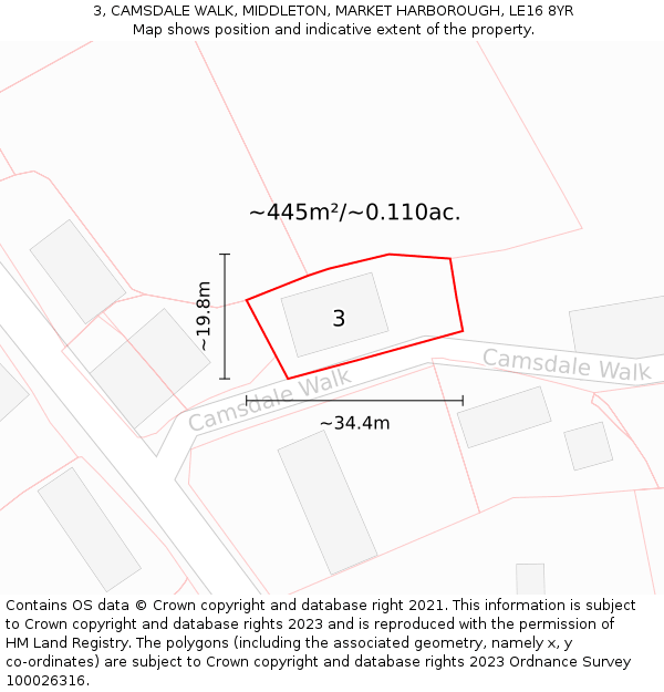 3, CAMSDALE WALK, MIDDLETON, MARKET HARBOROUGH, LE16 8YR: Plot and title map