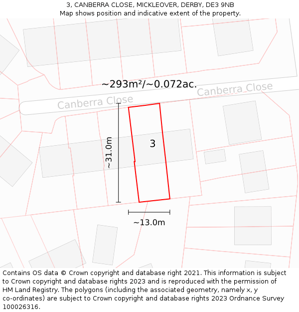 3, CANBERRA CLOSE, MICKLEOVER, DERBY, DE3 9NB: Plot and title map