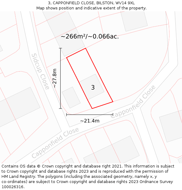 3, CAPPONFIELD CLOSE, BILSTON, WV14 9XL: Plot and title map