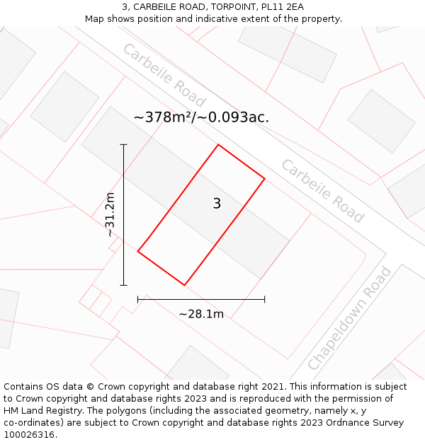 3, CARBEILE ROAD, TORPOINT, PL11 2EA: Plot and title map
