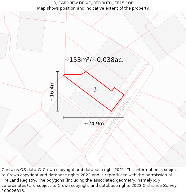 3, CARDREW DRIVE, REDRUTH, TR15 1QF: Plot and title map