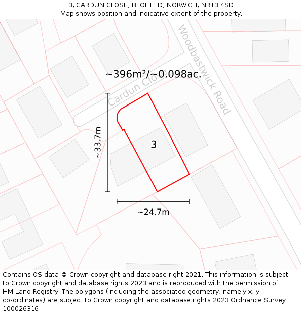 3, CARDUN CLOSE, BLOFIELD, NORWICH, NR13 4SD: Plot and title map