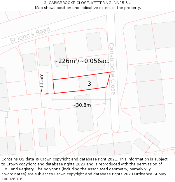 3, CARISBROOKE CLOSE, KETTERING, NN15 5JU: Plot and title map
