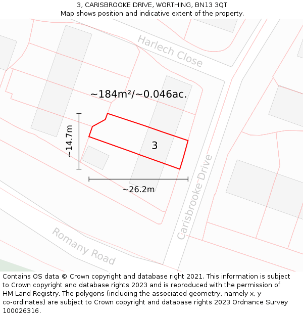 3, CARISBROOKE DRIVE, WORTHING, BN13 3QT: Plot and title map