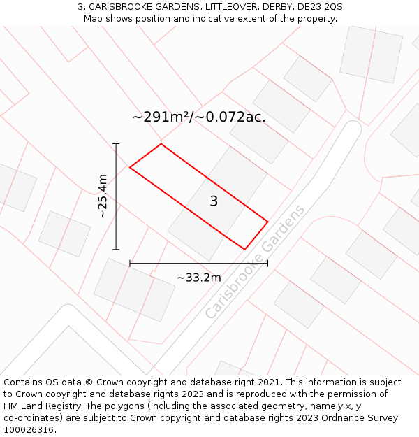 3, CARISBROOKE GARDENS, LITTLEOVER, DERBY, DE23 2QS: Plot and title map