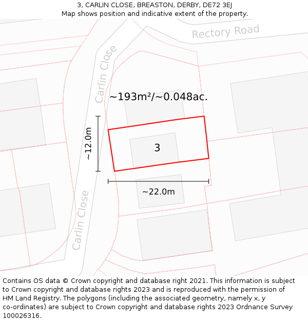 3, CARLIN CLOSE, BREASTON, DERBY, DE72 3EJ: Plot and title map
