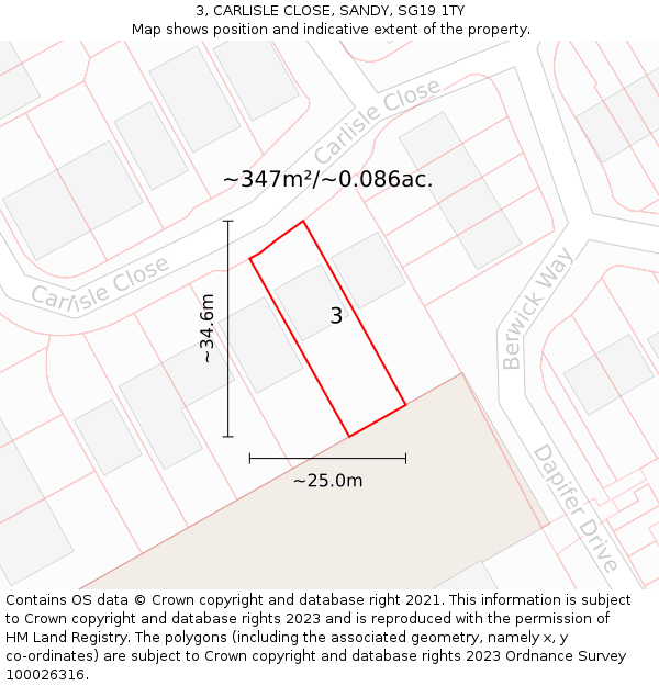 3, CARLISLE CLOSE, SANDY, SG19 1TY: Plot and title map