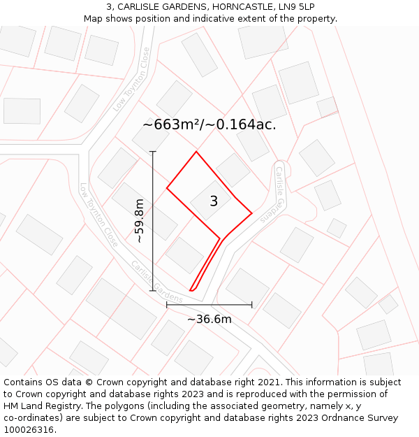 3, CARLISLE GARDENS, HORNCASTLE, LN9 5LP: Plot and title map
