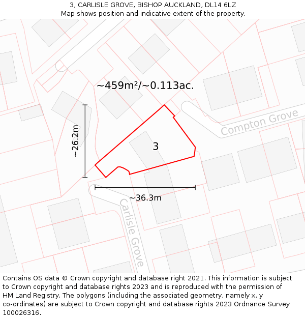 3, CARLISLE GROVE, BISHOP AUCKLAND, DL14 6LZ: Plot and title map