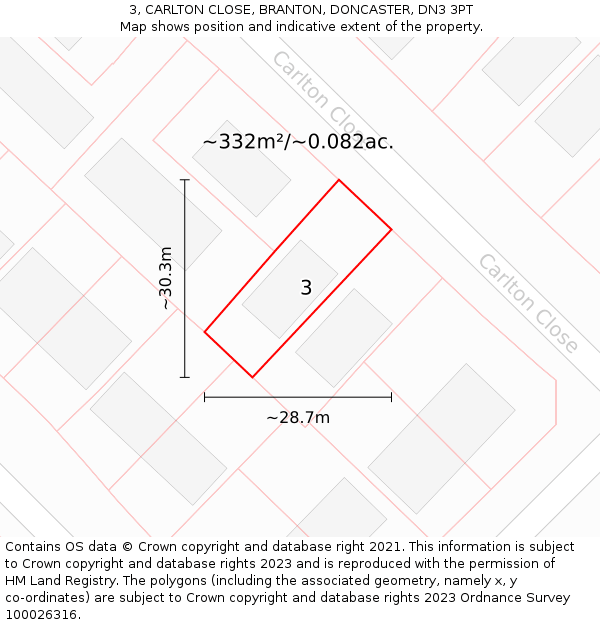 3, CARLTON CLOSE, BRANTON, DONCASTER, DN3 3PT: Plot and title map