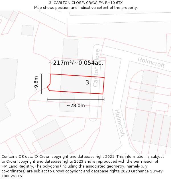 3, CARLTON CLOSE, CRAWLEY, RH10 6TX: Plot and title map