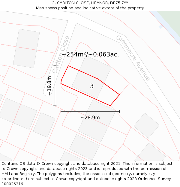 3, CARLTON CLOSE, HEANOR, DE75 7YY: Plot and title map