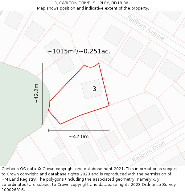 3, CARLTON DRIVE, SHIPLEY, BD18 3AU: Plot and title map