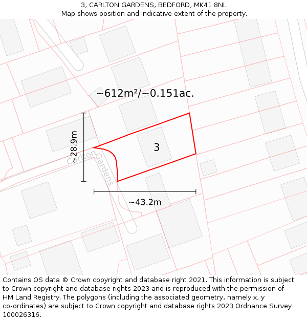3, CARLTON GARDENS, BEDFORD, MK41 8NL: Plot and title map
