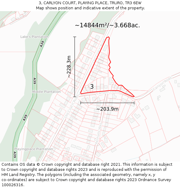 3, CARLYON COURT, PLAYING PLACE, TRURO, TR3 6EW: Plot and title map