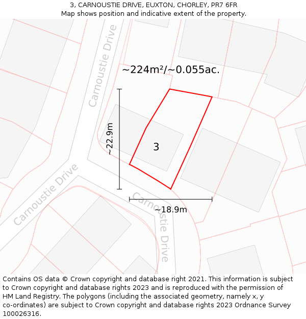 3, CARNOUSTIE DRIVE, EUXTON, CHORLEY, PR7 6FR: Plot and title map
