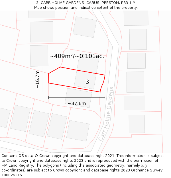 3, CARR HOLME GARDENS, CABUS, PRESTON, PR3 1LY: Plot and title map