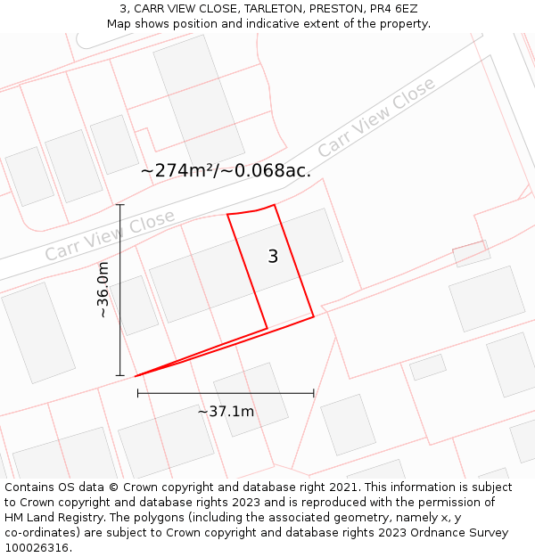 3, CARR VIEW CLOSE, TARLETON, PRESTON, PR4 6EZ: Plot and title map