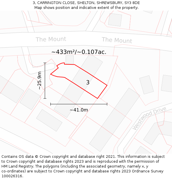 3, CARRINGTON CLOSE, SHELTON, SHREWSBURY, SY3 8DE: Plot and title map