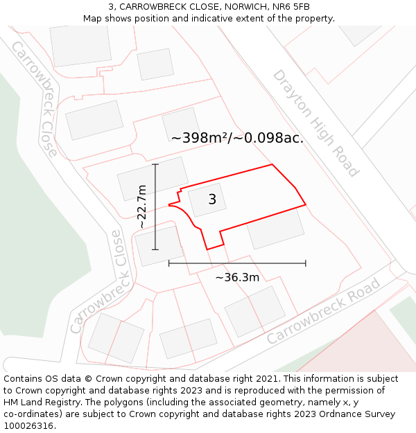 3, CARROWBRECK CLOSE, NORWICH, NR6 5FB: Plot and title map