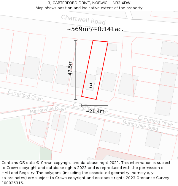 3, CARTERFORD DRIVE, NORWICH, NR3 4DW: Plot and title map