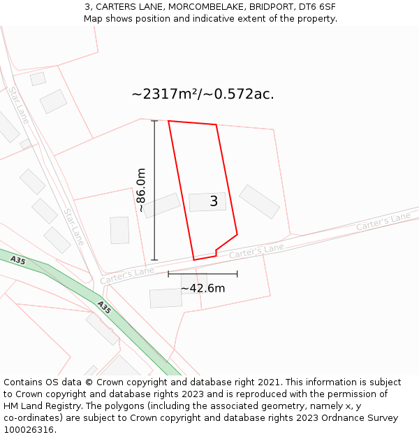 3, CARTERS LANE, MORCOMBELAKE, BRIDPORT, DT6 6SF: Plot and title map