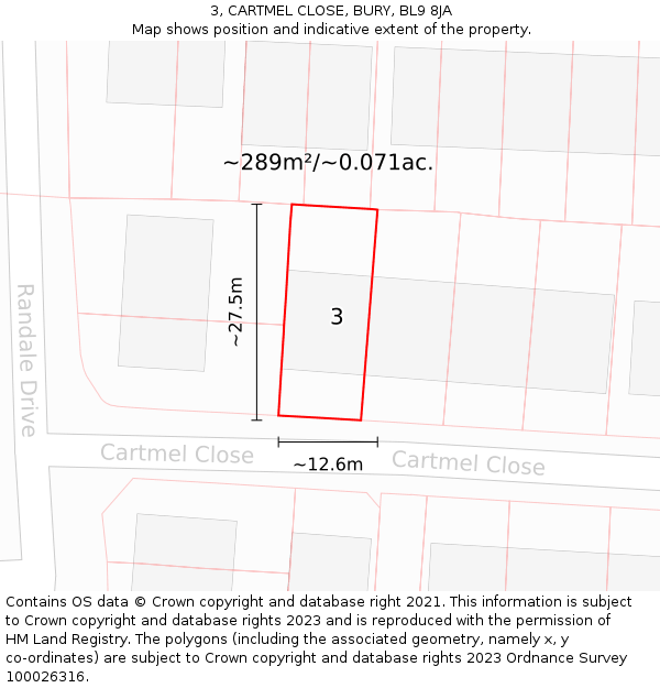 3, CARTMEL CLOSE, BURY, BL9 8JA: Plot and title map