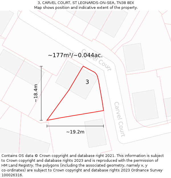 3, CARVEL COURT, ST LEONARDS-ON-SEA, TN38 8EX: Plot and title map