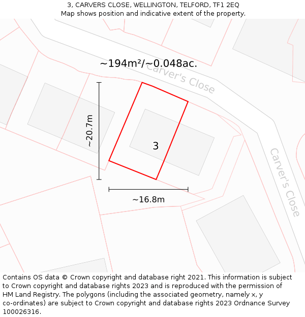 3, CARVERS CLOSE, WELLINGTON, TELFORD, TF1 2EQ: Plot and title map
