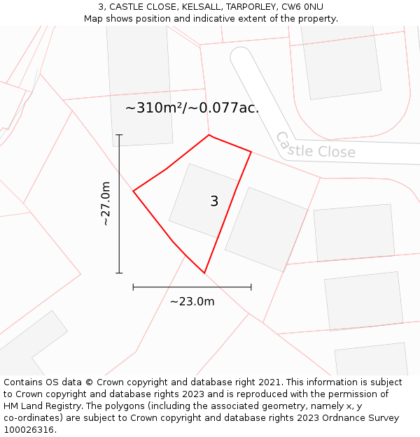 3, CASTLE CLOSE, KELSALL, TARPORLEY, CW6 0NU: Plot and title map