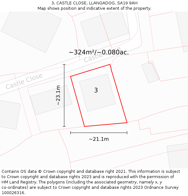3, CASTLE CLOSE, LLANGADOG, SA19 9AH: Plot and title map