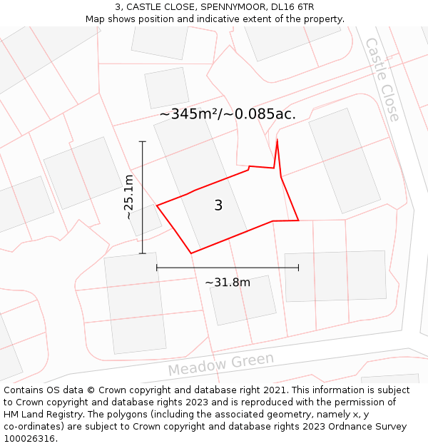 3, CASTLE CLOSE, SPENNYMOOR, DL16 6TR: Plot and title map