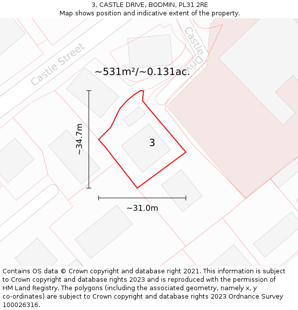 3, CASTLE DRIVE, BODMIN, PL31 2RE: Plot and title map