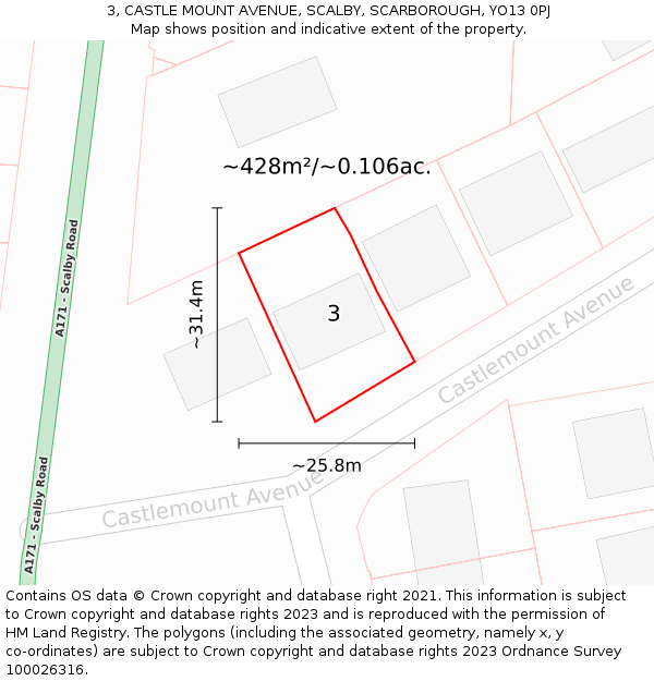 3, CASTLE MOUNT AVENUE, SCALBY, SCARBOROUGH, YO13 0PJ: Plot and title map