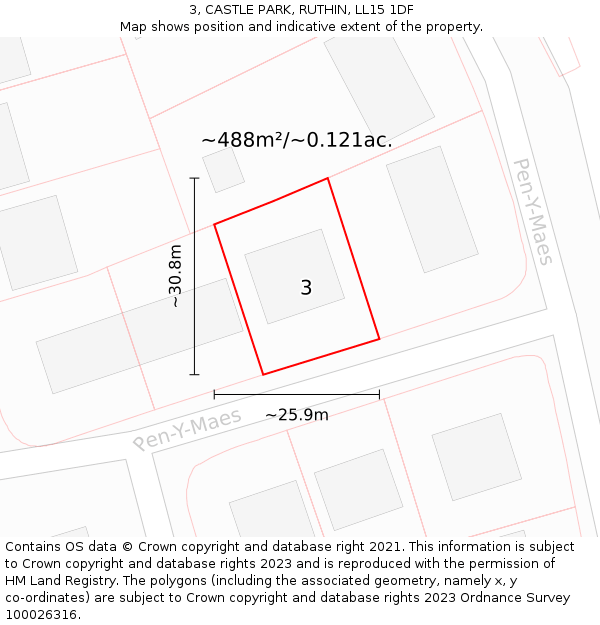 3, CASTLE PARK, RUTHIN, LL15 1DF: Plot and title map