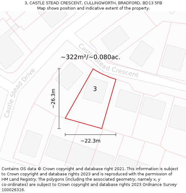 3, CASTLE STEAD CRESCENT, CULLINGWORTH, BRADFORD, BD13 5FB: Plot and title map