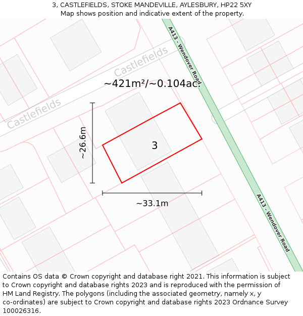 3, CASTLEFIELDS, STOKE MANDEVILLE, AYLESBURY, HP22 5XY: Plot and title map