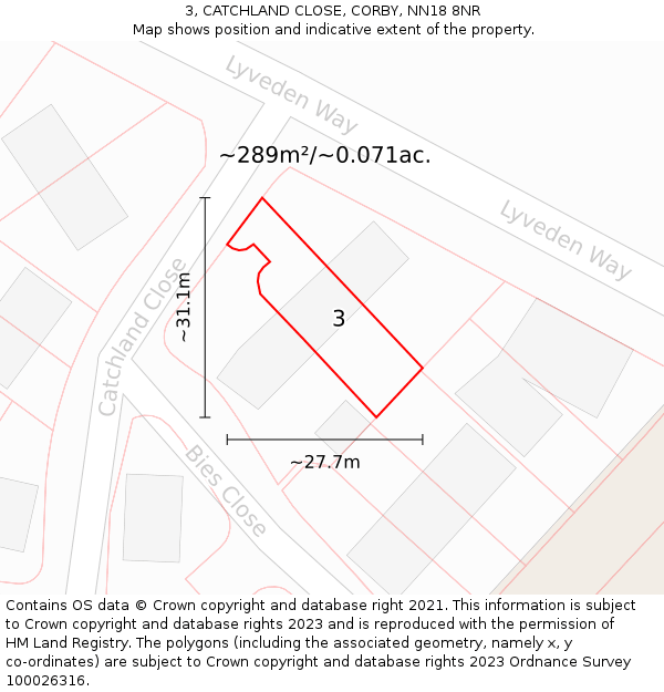 3, CATCHLAND CLOSE, CORBY, NN18 8NR: Plot and title map