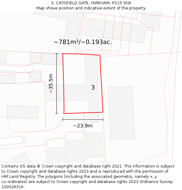 3, CATISFIELD GATE, FAREHAM, PO15 5NX: Plot and title map