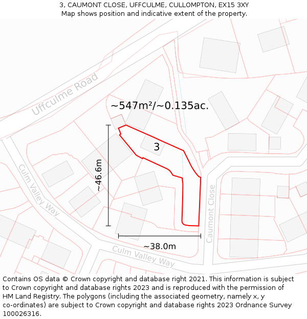 3, CAUMONT CLOSE, UFFCULME, CULLOMPTON, EX15 3XY: Plot and title map