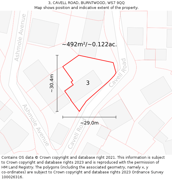 3, CAVELL ROAD, BURNTWOOD, WS7 9QQ: Plot and title map