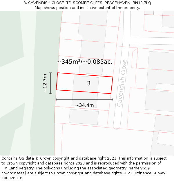 3, CAVENDISH CLOSE, TELSCOMBE CLIFFS, PEACEHAVEN, BN10 7LQ: Plot and title map