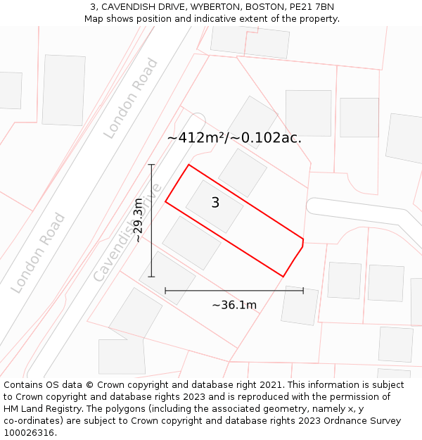 3, CAVENDISH DRIVE, WYBERTON, BOSTON, PE21 7BN: Plot and title map