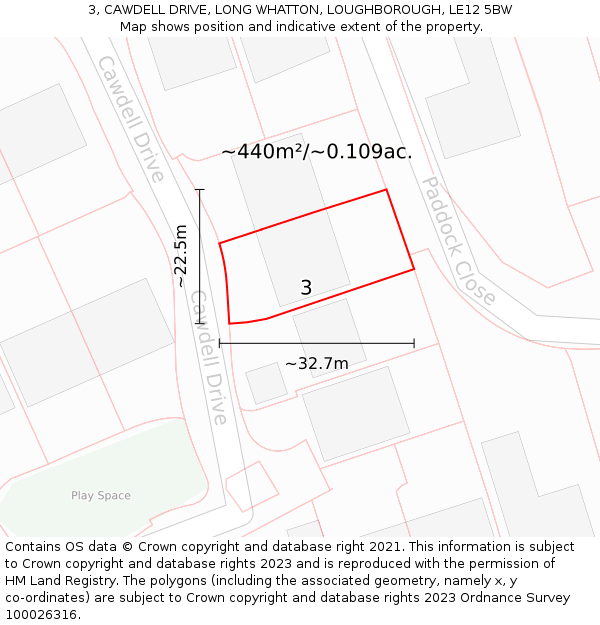 3, CAWDELL DRIVE, LONG WHATTON, LOUGHBOROUGH, LE12 5BW: Plot and title map