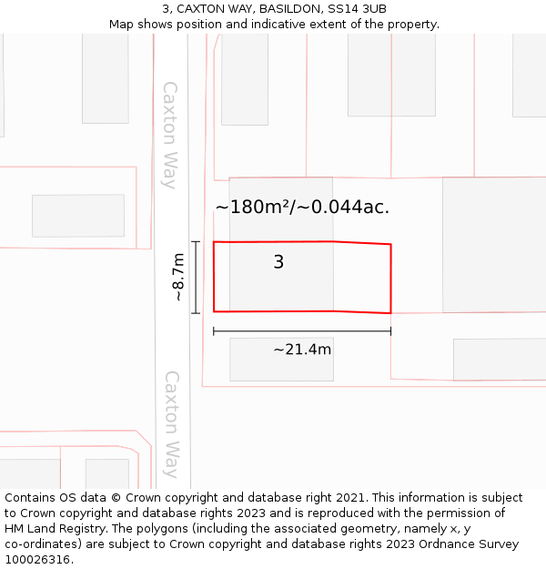 3, CAXTON WAY, BASILDON, SS14 3UB: Plot and title map