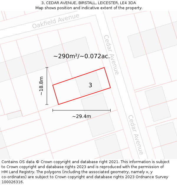 3, CEDAR AVENUE, BIRSTALL, LEICESTER, LE4 3DA: Plot and title map