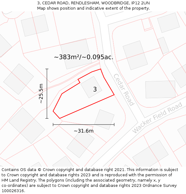 3, CEDAR ROAD, RENDLESHAM, WOODBRIDGE, IP12 2UN: Plot and title map