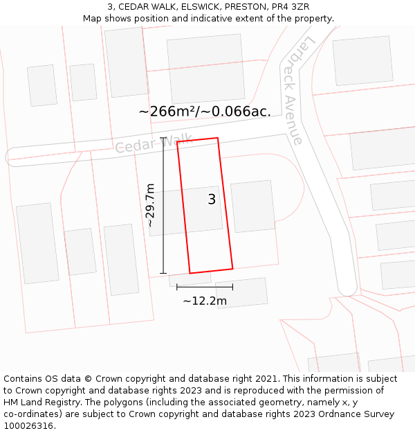 3, CEDAR WALK, ELSWICK, PRESTON, PR4 3ZR: Plot and title map